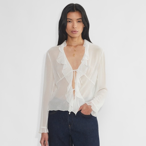 Aritzia Frenchy V-Neck Chiffon Ruffle Blouse - Picture 2 of 10